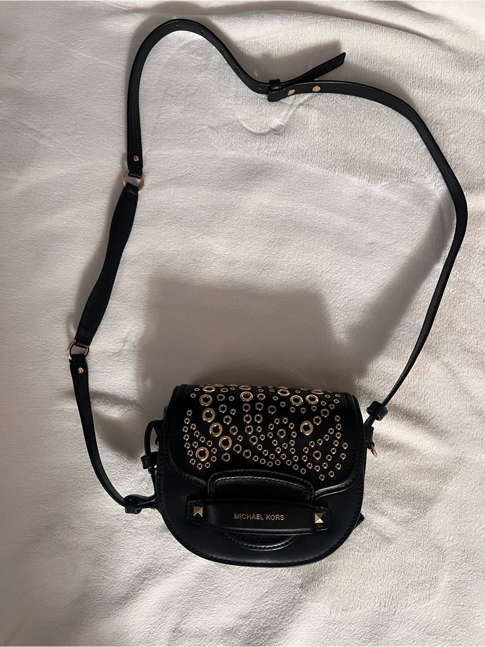 Michael Kors Black Leather Crossbody with Gold Grommet Detail